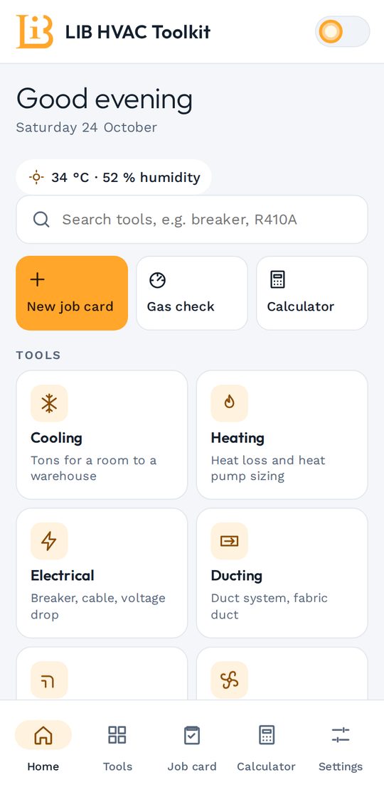 HVAC Calculator home screen with tools and local weather