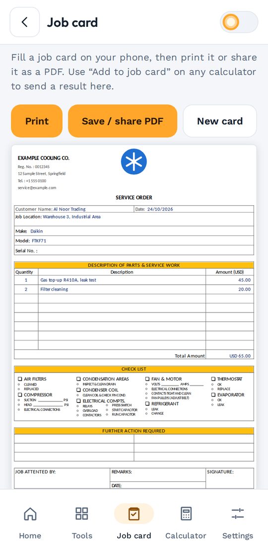 Job card with company details